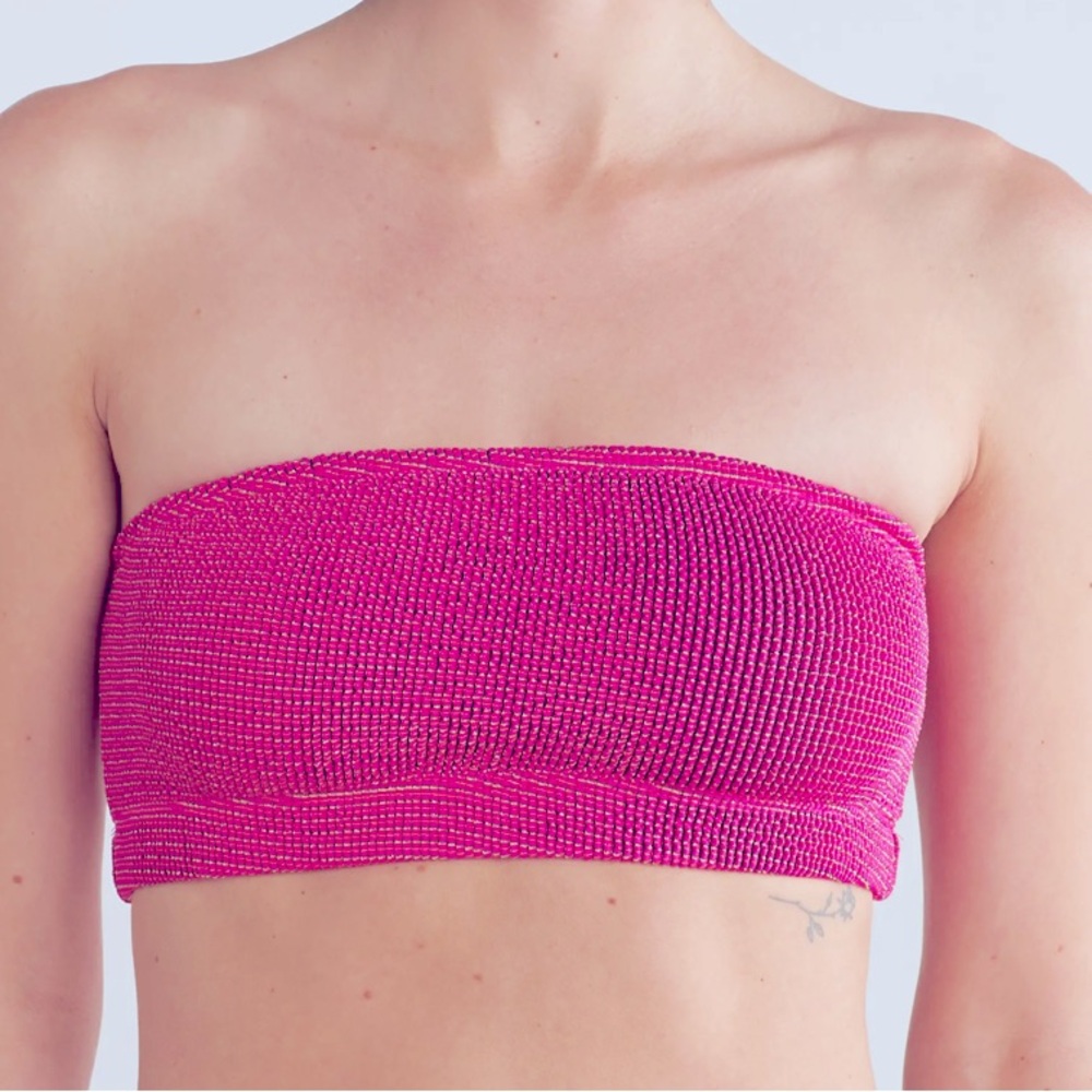 Good American Hawaiian Pink Always Fits Bandeau Crinkle Textured Swim Bikini Top
